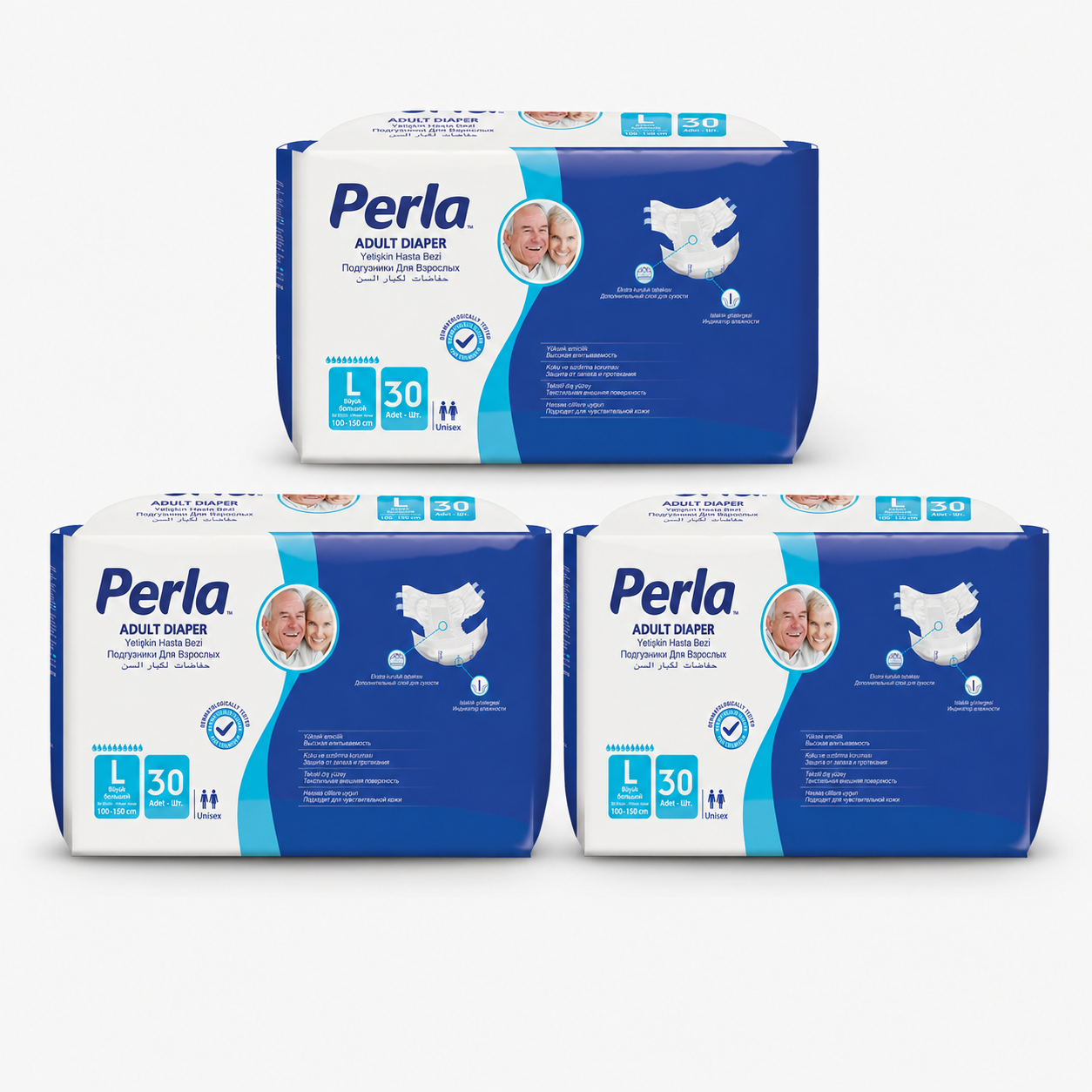 Scutece Adulti PERLA Large 3 x 30 bucati | 10 picaturi 1 Scutece adulti PERLA Large 3 baxuri 90 bucati 10 picaturi 2150 ml