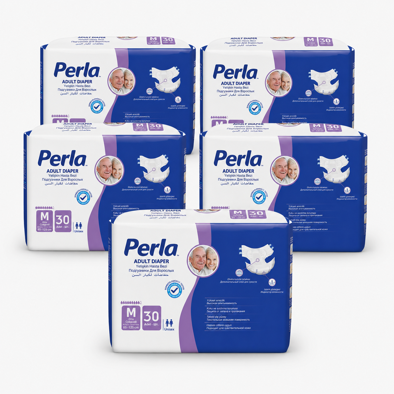 Scutece Adulti PERLA Medium 5 x 30 bucati | 9 picaturi 1 Scutece adulti PERLA Medium 5 baxuri 150 bucati 9 picaturi